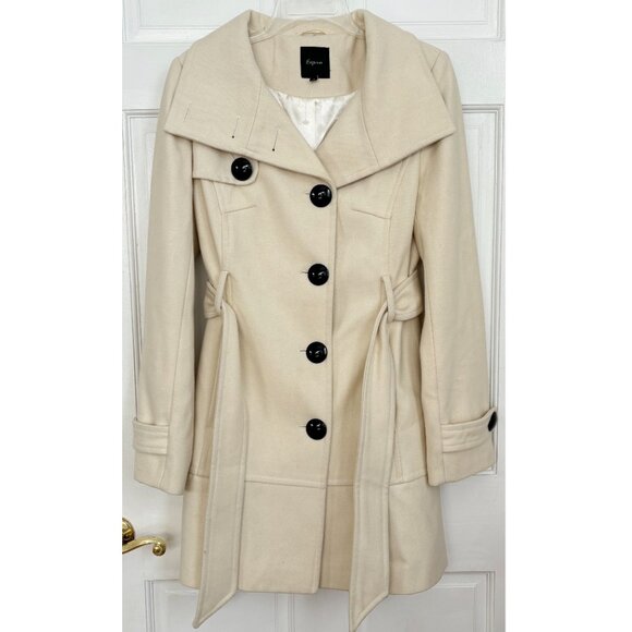 Express Pea Coat Cream Ivory Belted S $228 Long Collar Trench Wrap Wool Small